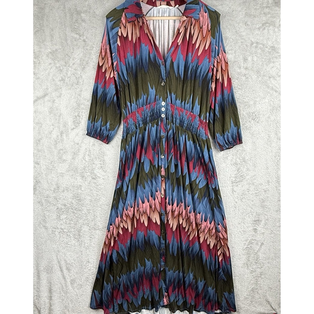 Soft Surroundings Shirt Dress Womens M Colorful‎ Boho Maxi Stretch Button Up